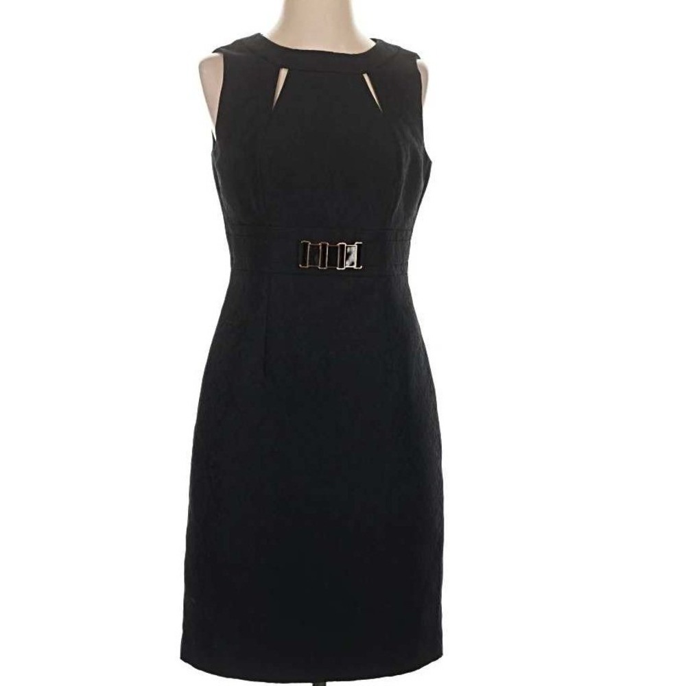 Tahari Arthur S Levine Black Navy Jacquard Sheath Dress Gold Buckle Size 6 NWT